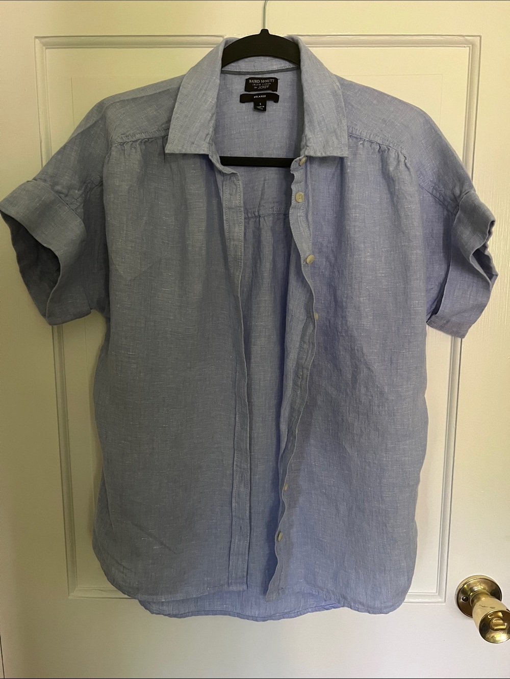 Women's Light Blue Irish Linen J Crew Short-Sleeve Button-Down Shirt